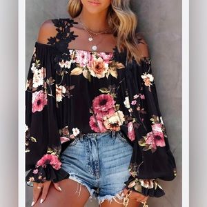 Boujie &Co Black Floral Cold Shoulder Top